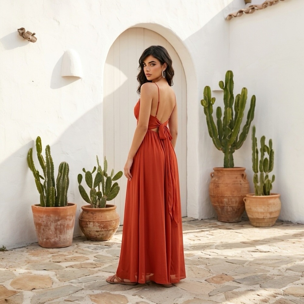 Azazie Terracotta Orange Chiffon Maxi Dress A2 Pleated V-Neck Slit Open Back Bow